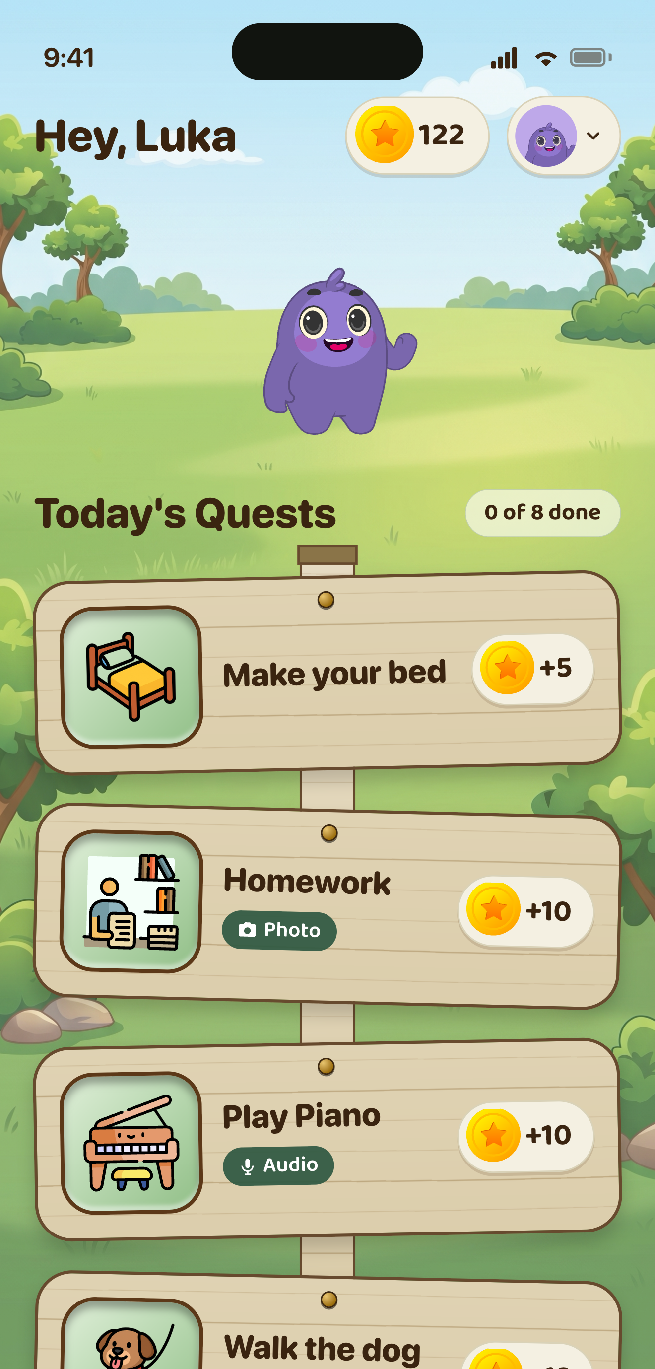 QuestSpark kid home screen